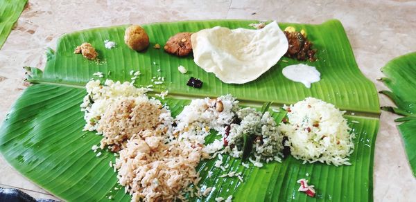High angle view of food on leaves