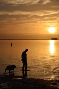 Silhouette man with dog standing in sea against sky during sunset