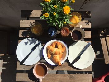 High angle view of breakfast served on table