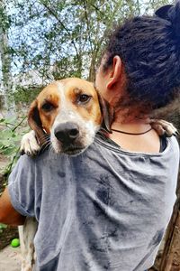 Woman with dog against trees