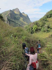 Friends hiking amidst plants on mountain