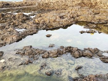 High angle view of rock formation in lake