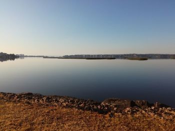 Scenic view of lake against clear sky