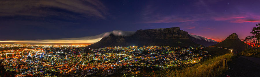 High angle view of townscape against sky at night