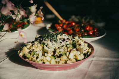 High angle view of vegetables in bowl on table