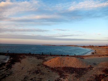 Scenic view of beach against sky during sunset