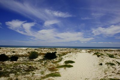 Scenic view of sea against blue sky