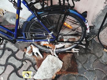 High angle view of abandoned bicycle on street