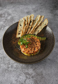 High angle view of food in plate on table