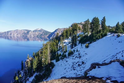 Scenic view of snow covered mountains against blue sky