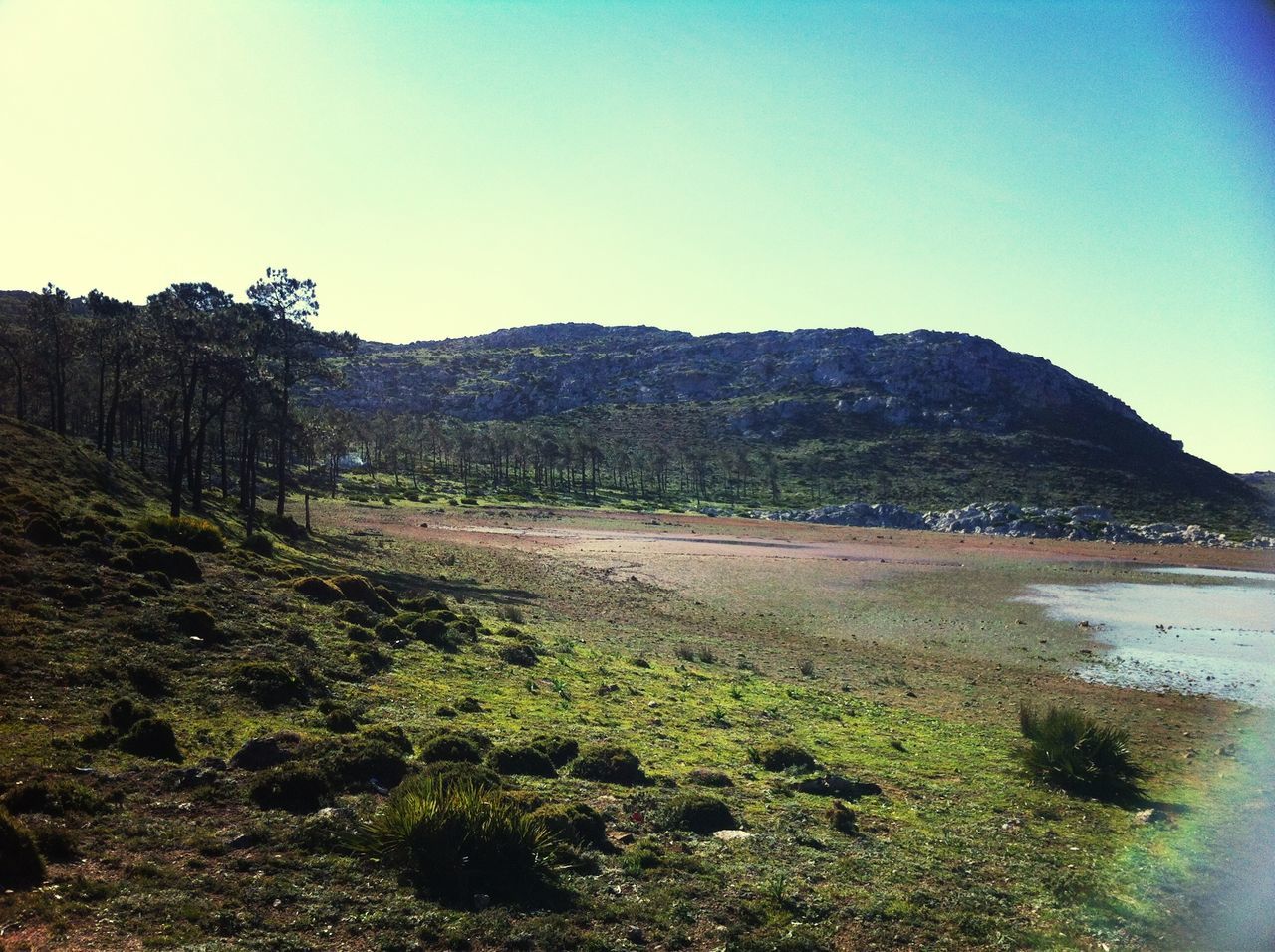 mountain, clear sky, tranquil scene, tranquility, scenics, beauty in nature, copy space, water, landscape, nature, mountain range, non-urban scene, blue, lake, idyllic, rock - object, tree, sky, hill, remote