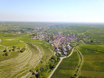 High angle view of agricultural field against sky