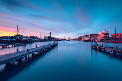 View of marina at sunset