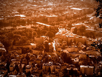 High angle view of people in city at night