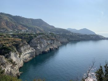 High angle view of sea and mountains against sky