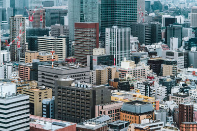 High angle view of modern buildings in city