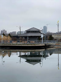 Reflection of building in lake against sky