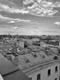 High angle view of buildings against sky