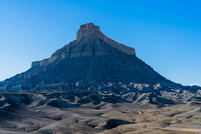 Scenic view of rocky mountains against clear blue sky