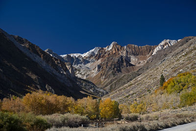 Scenic view of snowcapped mountains against clear blue sky