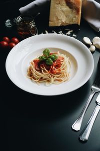High angle view of meal served on table