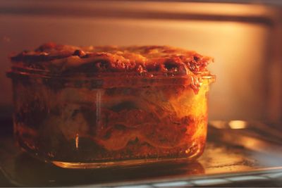 Close-up of lasagna in oven