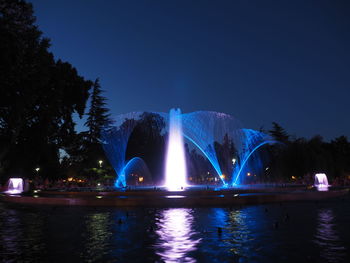 Illuminated fountain at night