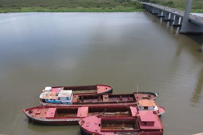 High angle view of ship moored on river