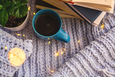 High angle view of coffee on table