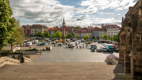 View of street and buildings in city