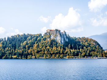 Scenic view of lake by trees against sky