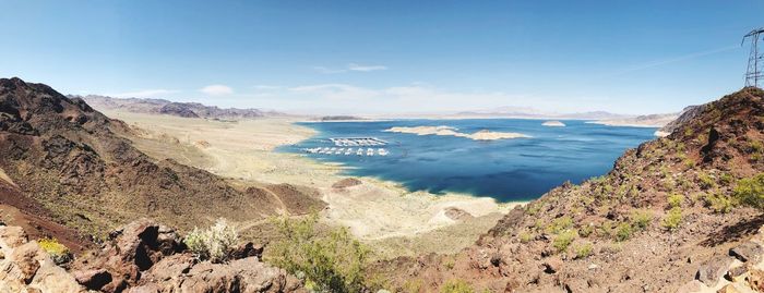 Scenic view of bay against clear sky