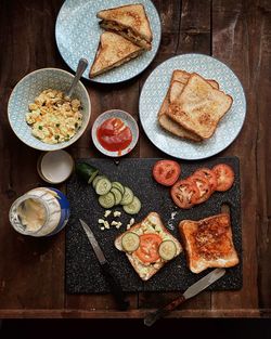 High angle view of breakfast served on table