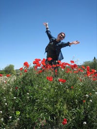 Happy woman at poppy flower field against clear sky