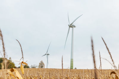 Wind turbine in a field for sustainable energy and against climate change and global warming