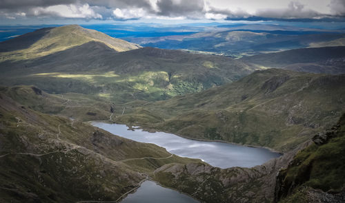 Scenic view of river amidst mountains against sky