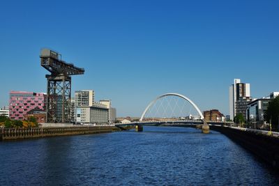 Bridge over river with buildings in background