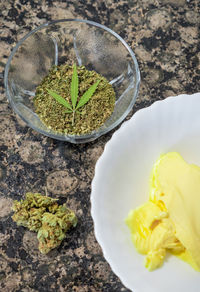 High angle view of lemon in bowl on table