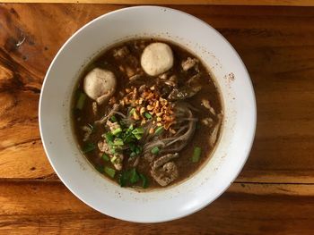 Directly above shot of soup in bowl on table