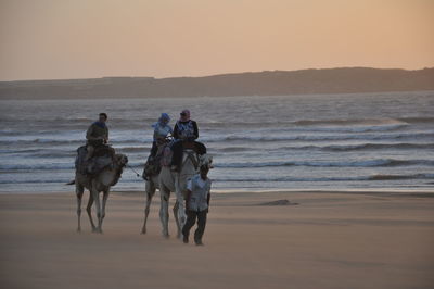 Men riding horses on beach against clear sky