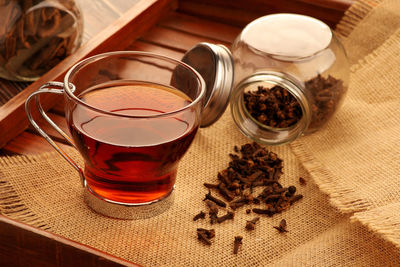 High angle view of drink on table