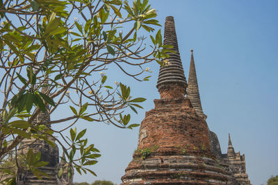 Low angle view of temple and building against sky