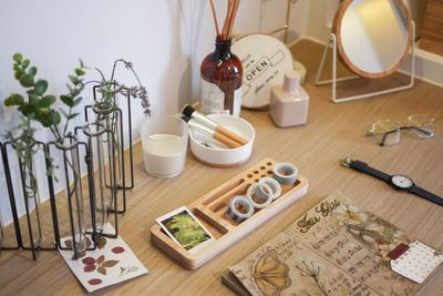 High angle view of breakfast on table