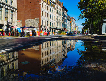 Reflection of buildings in puddle on street