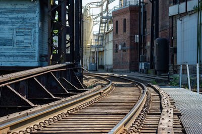 Railroad tracks amidst buildings in city