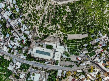 High angle view of buildings and trees in city