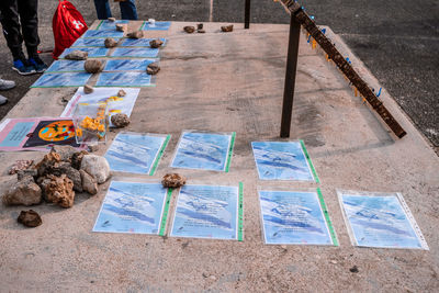 High angle view of people on street