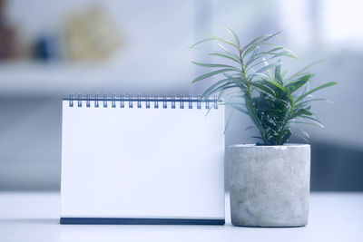 Close-up of spiral notebook by potted plant