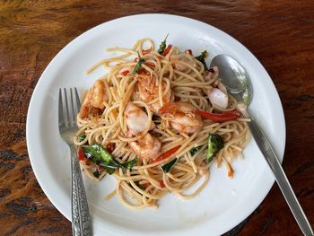 High angle view of food in plate on table