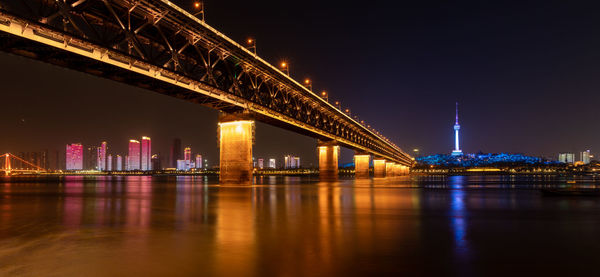 Illuminated bridge over river at night